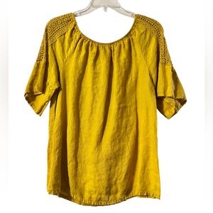 Yellow Linen Women's Top with Lace Sleeves